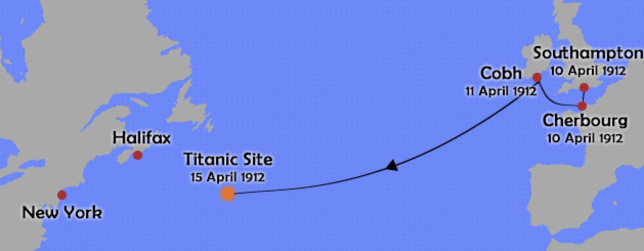 На какой где затонул титаник. Место гибели Титаника на карте. Маршрут Титаника 1912. Путь Титаника на карте.